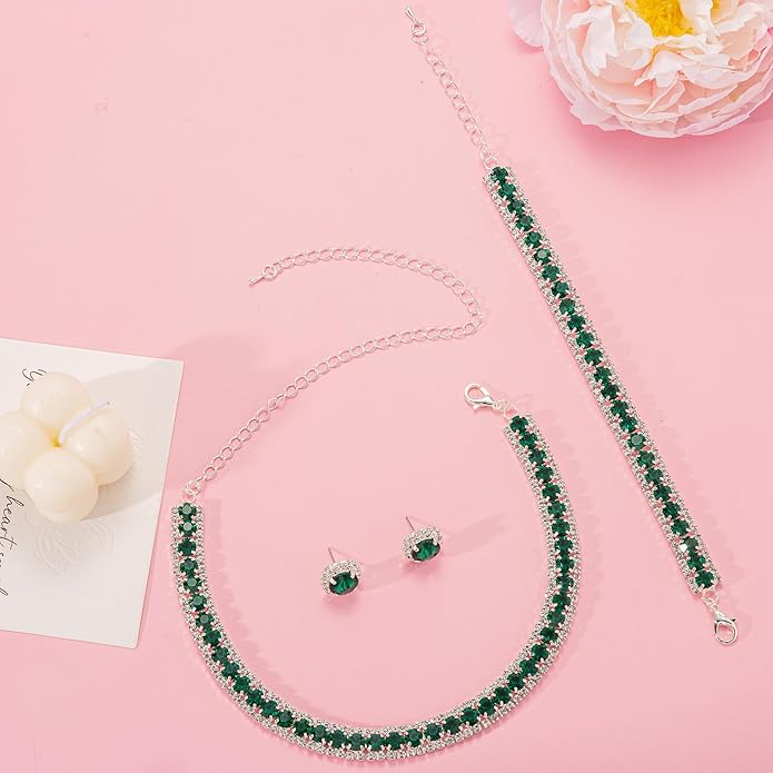 Women Rhinestone Crystal Jewelry Set Crystal Tennis Design Rhinestone Choker Necklace Link Bracelet Teardrop Earrings Set Wedding Bridal Bridesmaids Party