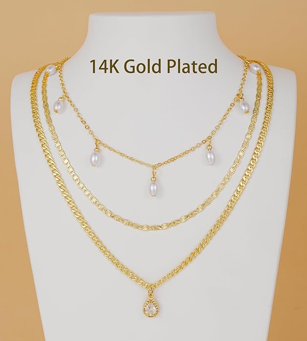 YEEZII Layered Gold Necklaces for Women Trendy, 3 Pcs 14K Gold Plated Choker Paperclip Box Chain Necklace, Stackable Women's Gold Pendant Necklaces Jewelry Set