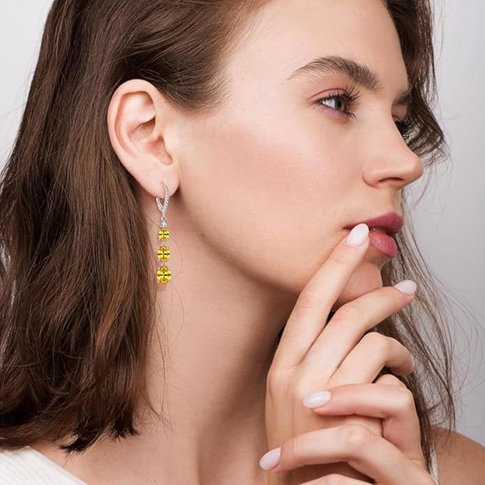 Women 925 Sterling Silver Birthstone 3-stone Leverback Drop Dangle Earrings 5A Cubic Zirconia Jewelry for Her