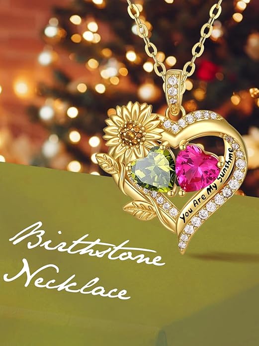 Sunflower Heart Necklace for Women 14K Gold Exquisite Valentines Day Anniversary Birthday Gifts for Wife Mother Her Double Birthstone Pendant Jewelry‘You Are My Sunshine’