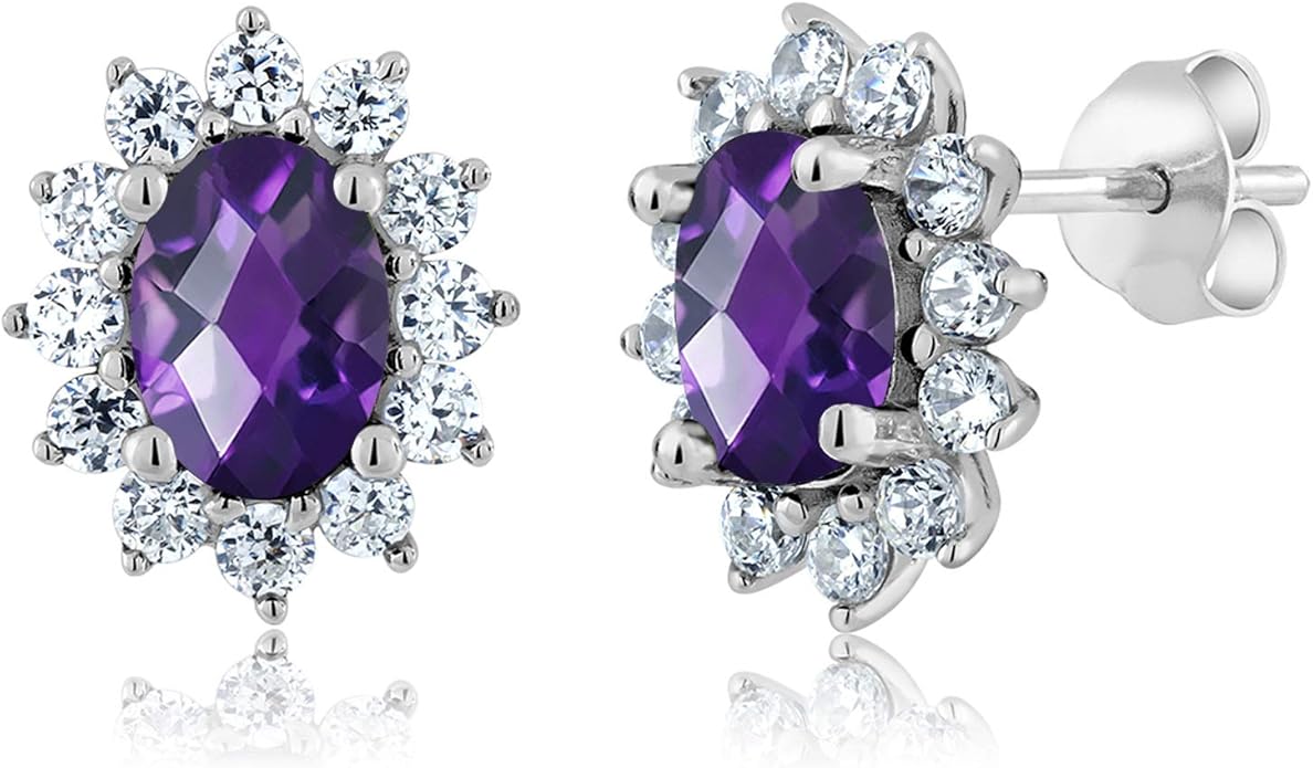 Gem Stone King 7X5MM Oval Gemstone Birthstone Stud Earrings For Women | Princess Diana Royal Halo Style | 925 Sterling Silver | Fine Jewelry Gifts for Anniversary Wedding Her Mom Women Wife