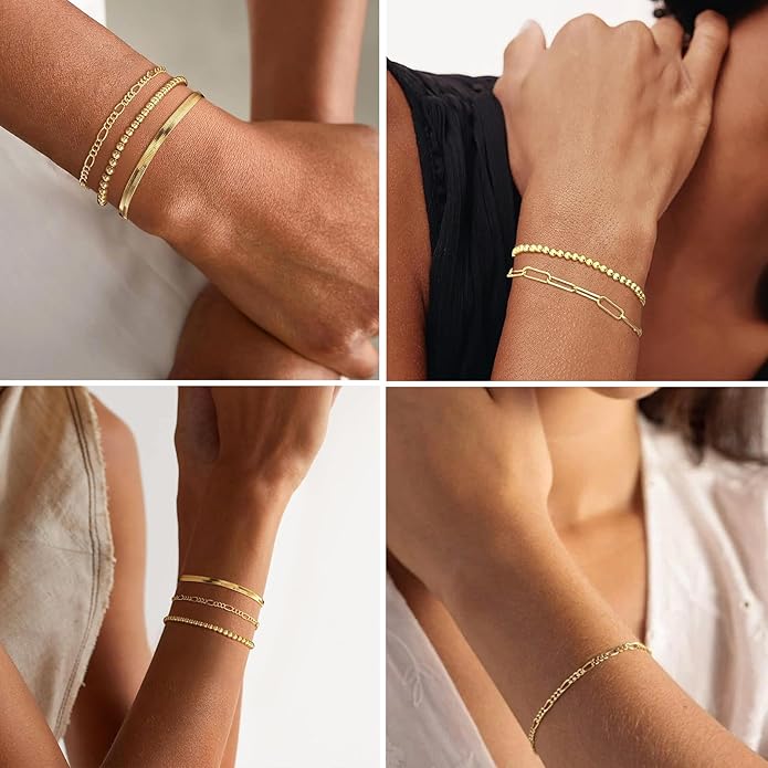 Luxval Gold Bracelets for Women 18K Gold Plated Stack Bracelet Jewelry Beaded/Paperclip/Satellite/Figaro/Snake/Cuban Link chain Bracelets Fashion Jewelry Accessories Gifts for Women Girls