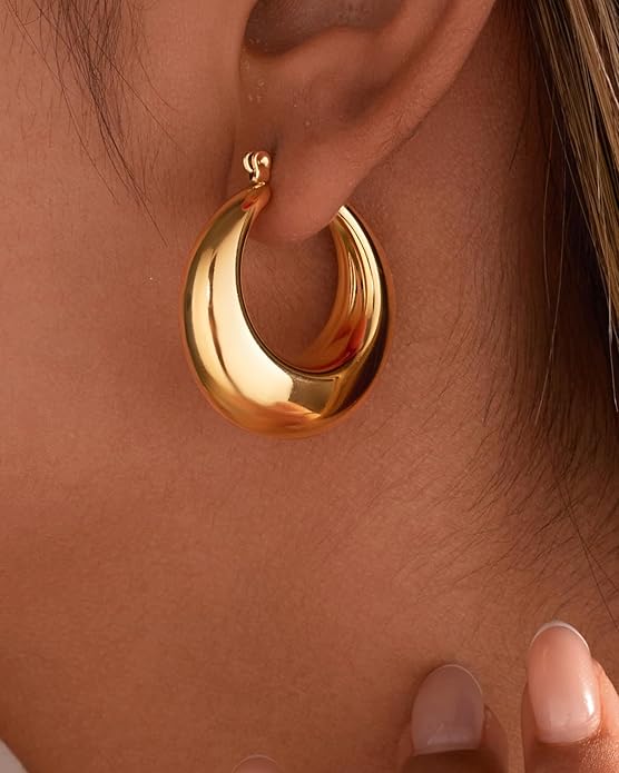 Chunky Gold Hoop Earrings for Women Stainless Steel Cute Fashion Hypoallergenic Earrings Minimalist Jewelry