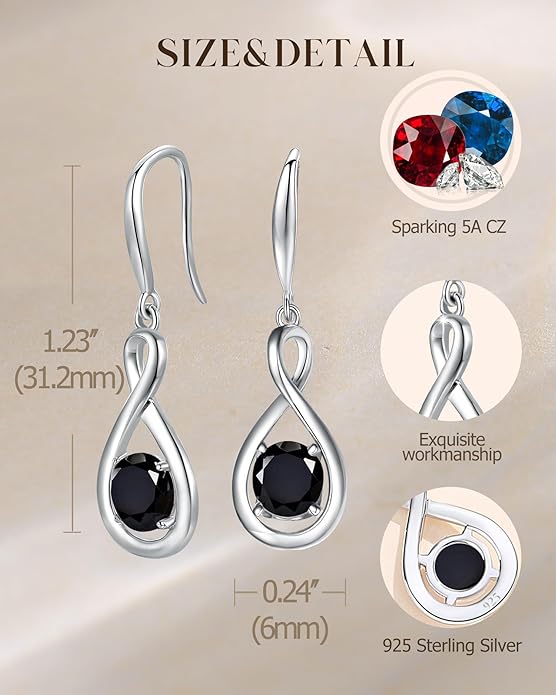 FANCIME Valentines Day Gift Dangle Drop Earrings 925 Sterling Silver Dainty Infinity Round Gemstone Birthstone Jewelry Birthday Gifts for Her Women