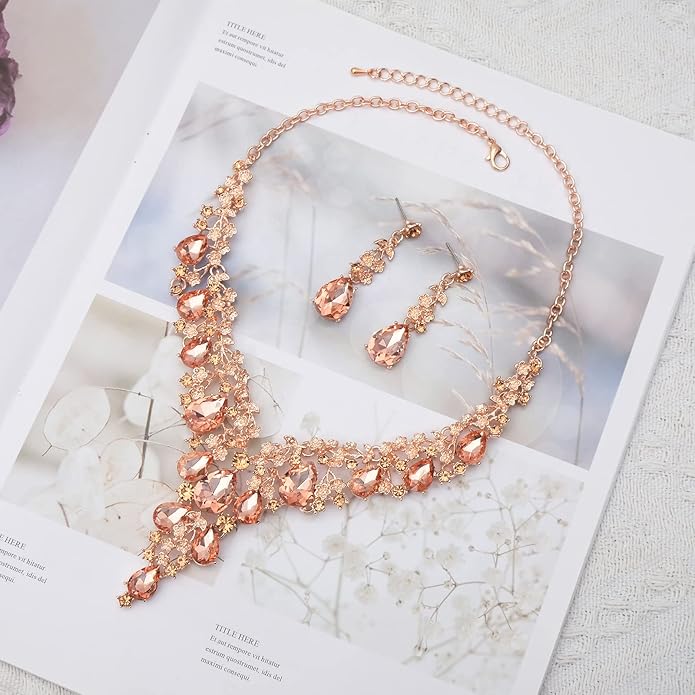 CSY Elegant Crystal Costume Jewelry Sets Flower Bridal Necklace Earrings Stretch Bangle Set for Bride Bridesmaid Wedding Dress Accessories