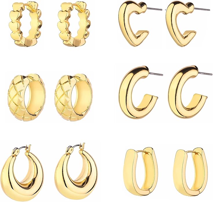 Wgoud Chunky Hoop Earrings Set 14K Gold Plated Hoop Earrings for Women Hypoallergenic, Thick Twisted Huggie Hoops Earring Set