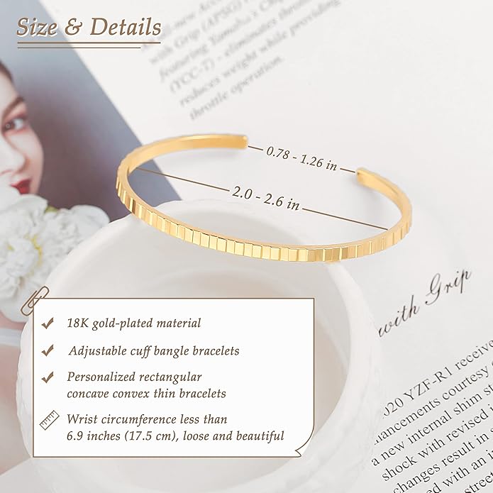 PERNNLA PEARL Dainty Gold Bar Bracelet for Women Simple Delicate Thin Cuff Bangle Hook Bracelet 18K Gold Plated Handmade Minimalist Jewelry