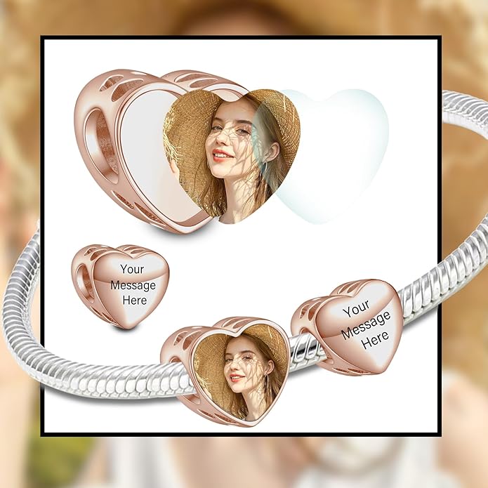 Annmors Personalized Photo Charm for Bracelet Necklaces,925 Sterling Silver Charm Love Heart Shaped Engraved Customize Picture Gift for Birthday Mother's Day Christmas,Bead Charms Jewelry for Women