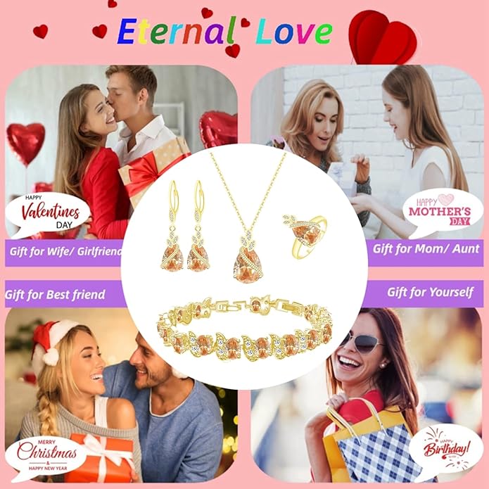 LMXXVJ Jewelry Set for Women,Teardrop Cubic Zirconia Necklace Earrings Adjustable Ring Bracelet Jewelry Set Formal Jewelry Gift
