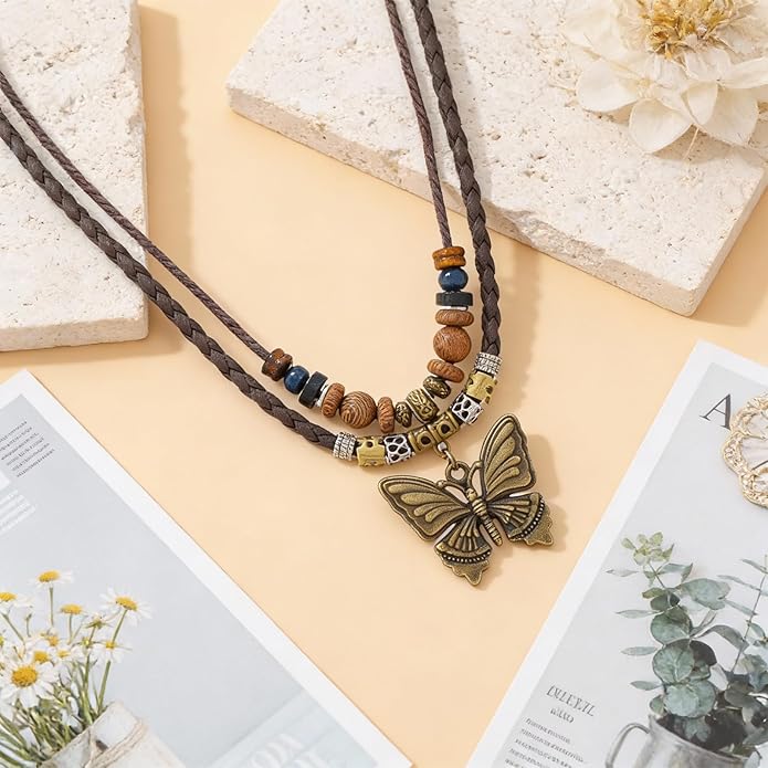 Boho Necklace for Women,Vintage Butterfly Pendant Necklaces,Adjustable Wooden Beads Layered Braided Choker,Fashion Tribal Style Leather Rope Necklace Jewelry,Chunky Statement Gift for Women