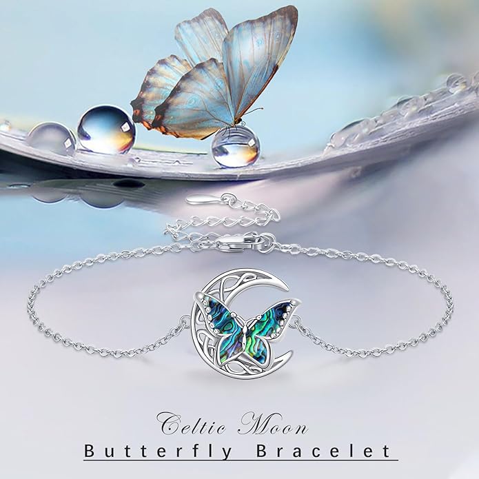 Dragonfly Bracelet 925 Sterling Silver Butterfly Bracelet Adjustable Celtic Moon Bracelet Irish Celtic Jewelry Gifts for Women