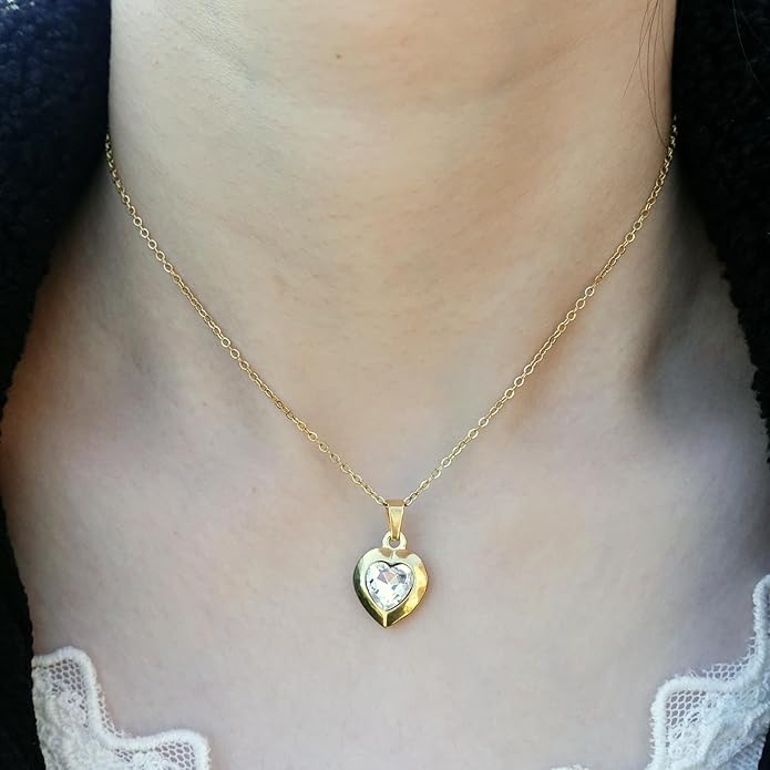 Cute Gold Heart Necklace for Women,18k Gold Plated Cubic Zirconia Charm Necklaces,Stainless Steel Women's Heart Stone Pendant Necklace for Women,16-18 Inches Adjustable Chain,Trendy Jewelry Gifts