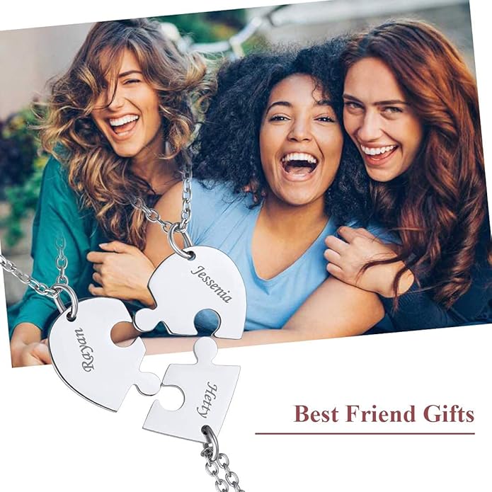 FindChic Personalized Matching BFF Necklace for 2/3/4/5/6 Puzzle Name Heart Pendant Stainless Steel Couple Necklace Set Customized Necklaces for Teen Girls