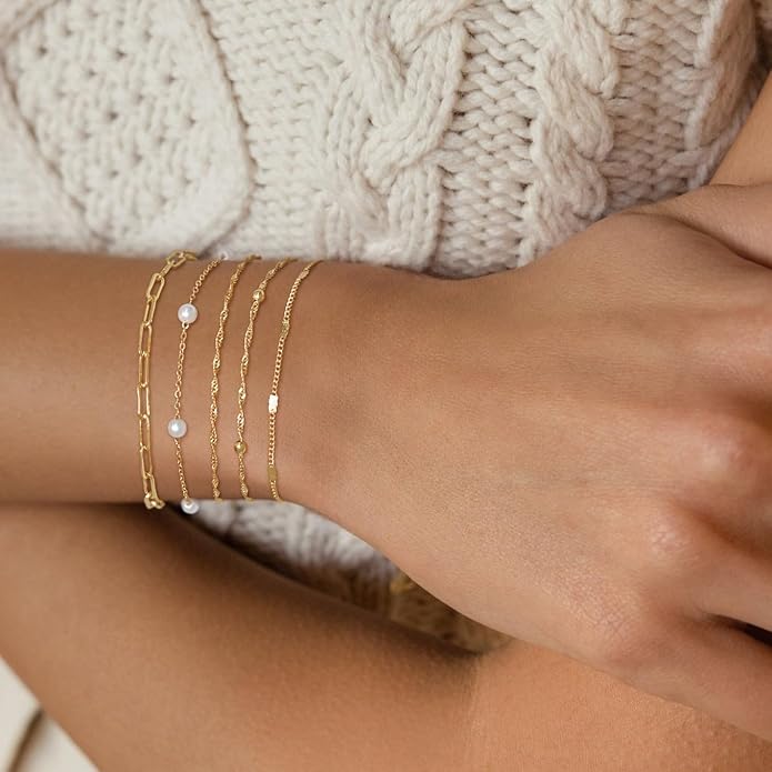 MBW Gold Bracelets for Women Trendy, Dainty 14K Gold Plated Bracelet Stack Beaded Chain Bracelet Set Thin Small Cute Paperclip Bracelets Fashion Waterproof Jewelry Gift Gold Accessories for Women
