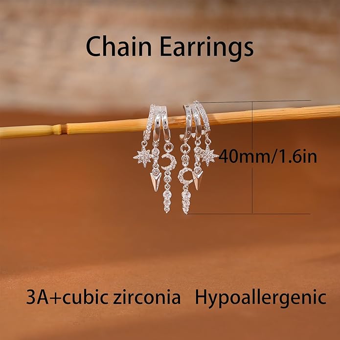 Dangle Earrings For Women,Dainty 14K Gold Plated Hypoallergenic Small Triple Huggie Hoop Earring Gothic Cute Cross Moon Star Drop Earrings For Women Trendy Gold Statement Stud Earring Jewelry