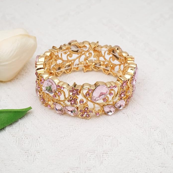 CSY Elegant Crystal Costume Jewelry Sets Flower Bridal Necklace Earrings Stretch Bangle Set for Bride Bridesmaid Wedding Dress Accessories