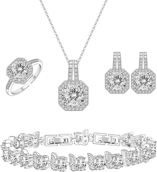 GZWHD Jewelry Set for Women CZ Earrings Necklace Ring Bracelet Set Prom Party Wedding Jewelry Gift for Mother Friend Wife