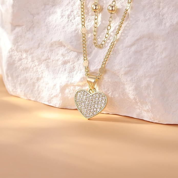 Heart Necklaces for Women 14K Gold Plated Layered Necklace Set with Cubic Zirconia Heart Pendant, Dainty Stackable Choker Chain, Gift for Her