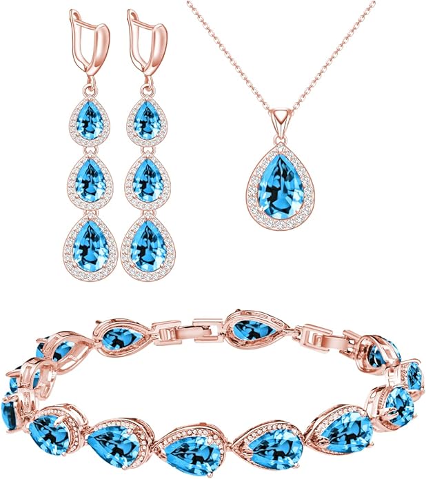 LMXXVJ Necklace Long Earrings Bracelet Set, White Gold Plated Created Blue Sapphire Jewelry Set Wedding Party Gift Jewelry for Women Bridal Bridesmaid