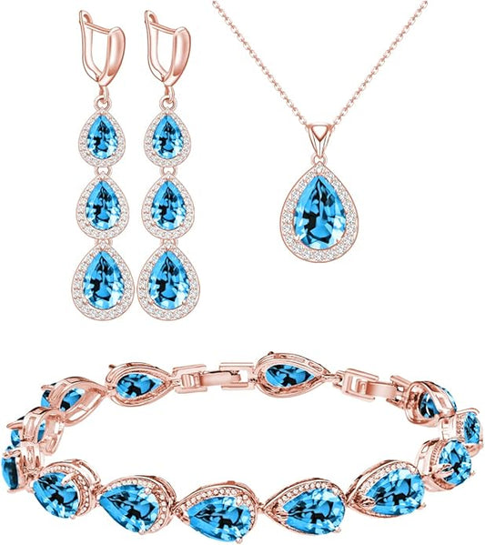 LMXXVJ Necklace Long Earrings Bracelet Set, White Gold Plated Created Blue Sapphire Jewelry Set Wedding Party Gift Jewelry for Women Bridal Bridesmaid