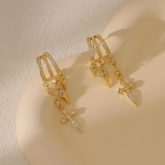Dangle Earrings For Women,Dainty 14K Gold Plated Hypoallergenic Small Triple Huggie Hoop Earring Gothic Cute Cross Moon Star Drop Earrings For Women Trendy Gold Statement Stud Earring Jewelry