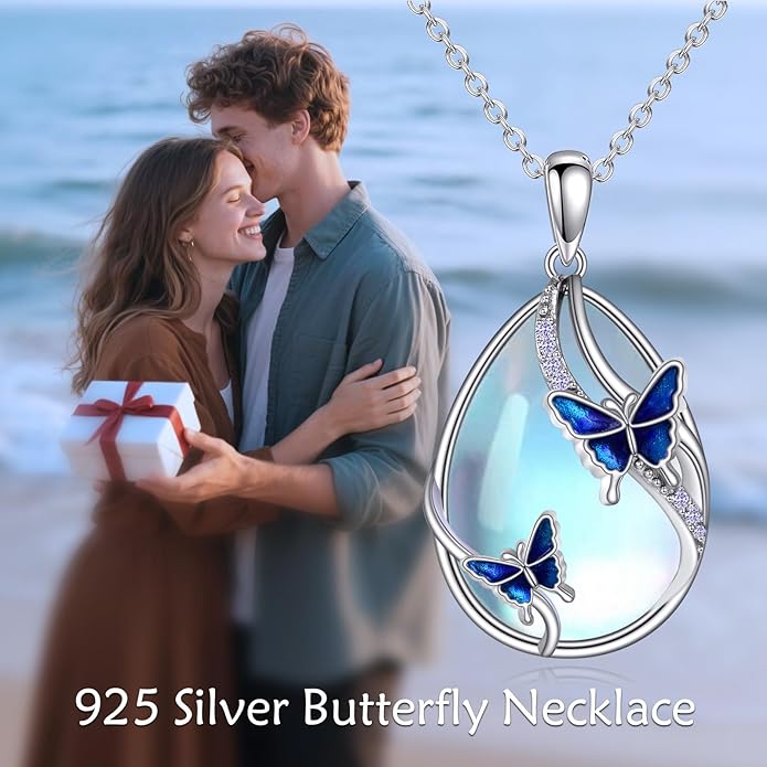 KQF Dragonfly/Butterlfy/Cat/Jellyfish/Bunny/Axolotl/Bee/Mermaid/Hummingbird/Elephant Necklace for Women Sterling Silver Moonstone Pendant Necklace Dragonfly Jewelry Gifts for Women