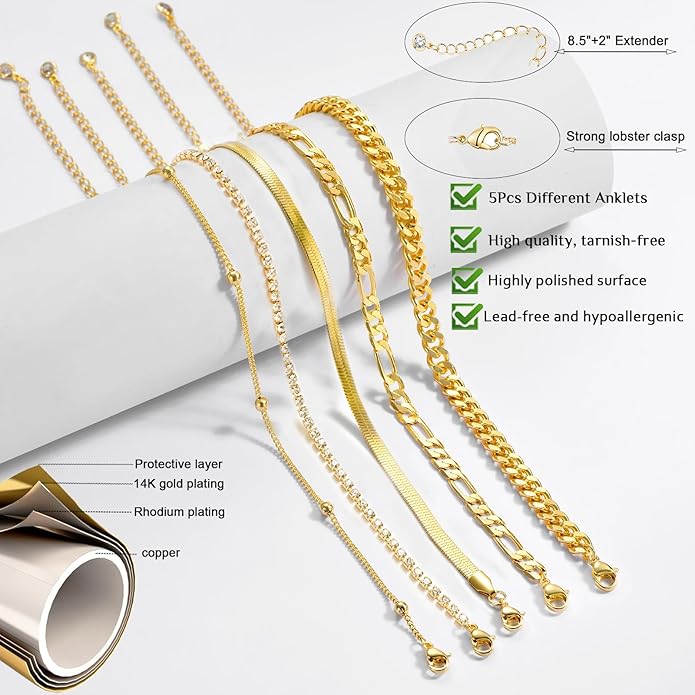 Gold Ankle Bracelets for Women,14k Gold Plated Anklets Waterproof Cuban Link Tennis Herringbone Beaded Chain Anklets Set Layered Anklet Bracelets for Women Adjustable Summer Beach Jewelry 5pcs