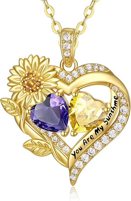 Sunflower Heart Necklace for Women 14K Gold Exquisite Valentines Day Anniversary Birthday Gifts for Wife Mother Her Double Birthstone Pendant Jewelry‘You Are My Sunshine’