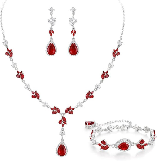 Crysdue Teardrop Bridal Jewelry Set for Wedding Party, Silver/14K/Rose Gold Plated Prom Costume Jewellery for Bride Bridesmaids Women, Cubic Zirconia Necklace Dangle Earrings Bracelet