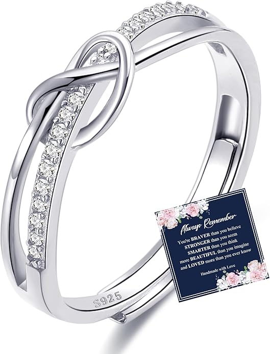 OOOPEL Sterling Silver Adjustable Ring S925 Silver Rings for Women Cubic Zirconia Twist Love Knot Dainty Ring Silver Minimalist Open Finger Rings Silver Thumb Sterling Silver Ring