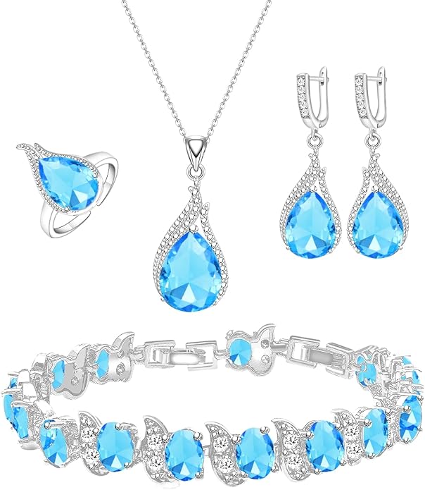 LMXXVJ Jewelry Set for Women,Teardrop Cubic Zirconia Necklace Earrings Adjustable Ring Bracelet Jewelry Set Formal Jewelry Gift