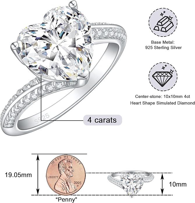 Elspeth 925 Sterling Silver Heart Engagement Ring for Women Heart Cut Cubic Zirconia Promise Ring Size 4-10