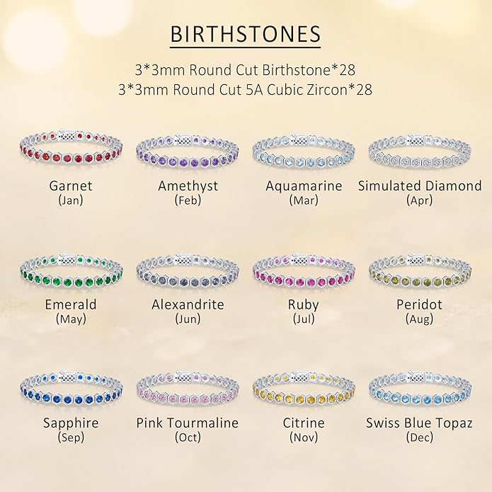 Birthstone Tennis Bracelets for Women Birthday Gifts 925 Sterling Silver Hexagon White Gold Bracelets Round Cut 5A Cubic Zirconia Prong Setting 7 Inch Anniversary Jewelry Gift