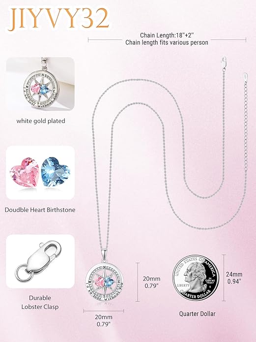 Compass Necklace for Women, Exquisite S925 Valentines Day Anniversary Birthday Gifts for Wife Her Double Birthstone Pendant Jewelry ‘I'd be Lost Without You’