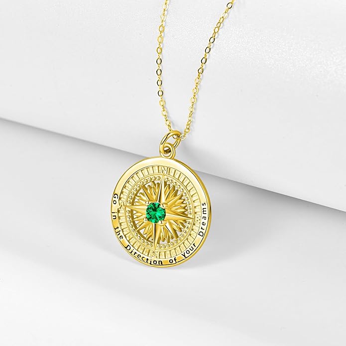 KINGWHYTE Graduation Gifts Birthstone Necklace for Women 925 Sterling Silver Compass Pendant Go in the Direction of your Dream Travel Jewelry Birthday Gift for Her