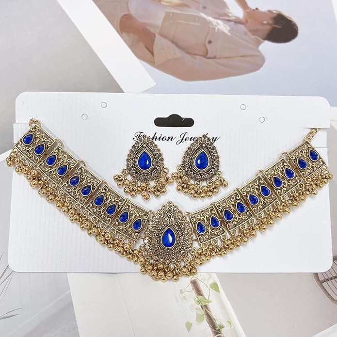Indian Wedding Bridal Traditional Bohemian Jewellery Set for Women Girls Antique Oxidized Ethnic Party Prom Wear Statement Necklace Earring Tassel Bollywood Choker Punk Crystal Fashion Gift for Bride