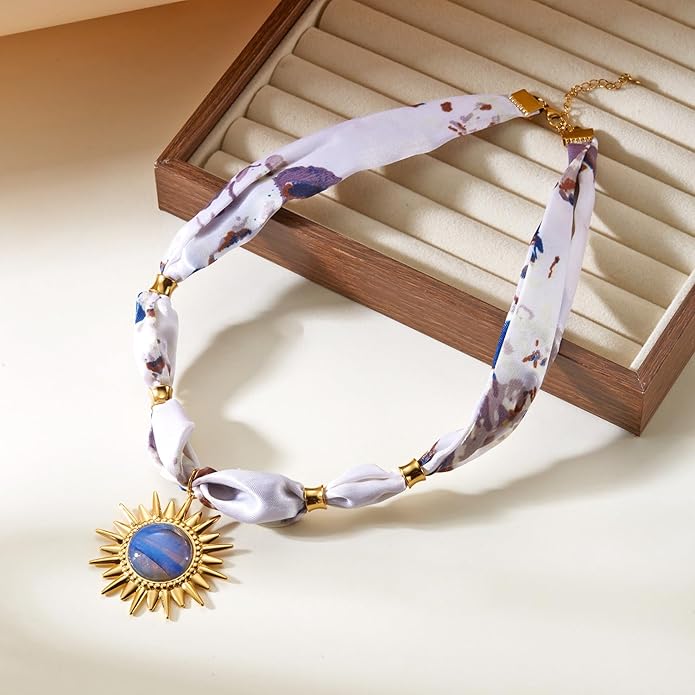 RINHOO FRIENDSHIP Silk Scarf Necklace for Women - Adjustable Boho Vintage Bandana Choker with 18K Non-Tarnish Gold Charms (Assorted Pendants & Patterns) Layered Jewelry Gift Box