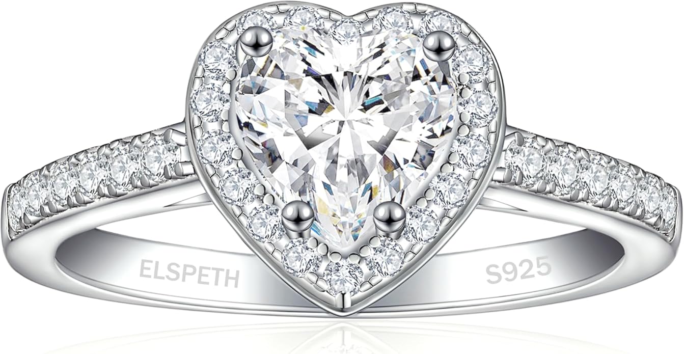 Elspeth 925 Sterling Silver Heart Engagement Ring for Women Heart Cut Cubic Zirconia Promise Ring Size 4-10
