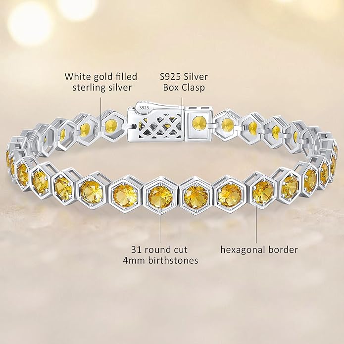 Birthstone Tennis Bracelets for Women Birthday Gifts 925 Sterling Silver Hexagon White Gold Bracelets Round Cut 5A Cubic Zirconia Prong Setting 7 Inch Anniversary Jewelry Gift