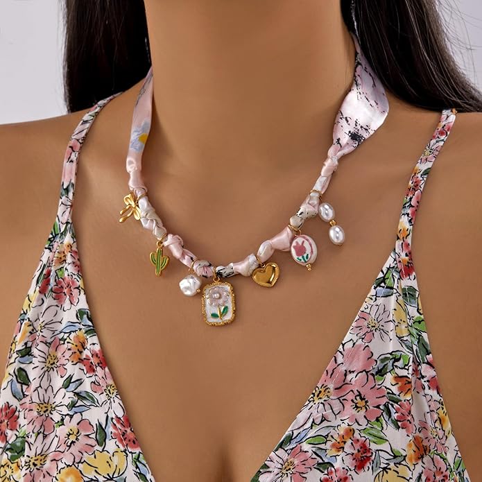 RINHOO FRIENDSHIP Silk Scarf Necklace for Women - Adjustable Boho Vintage Bandana Choker with 18K Non-Tarnish Gold Charms (Assorted Pendants & Patterns) Layered Jewelry Gift Box