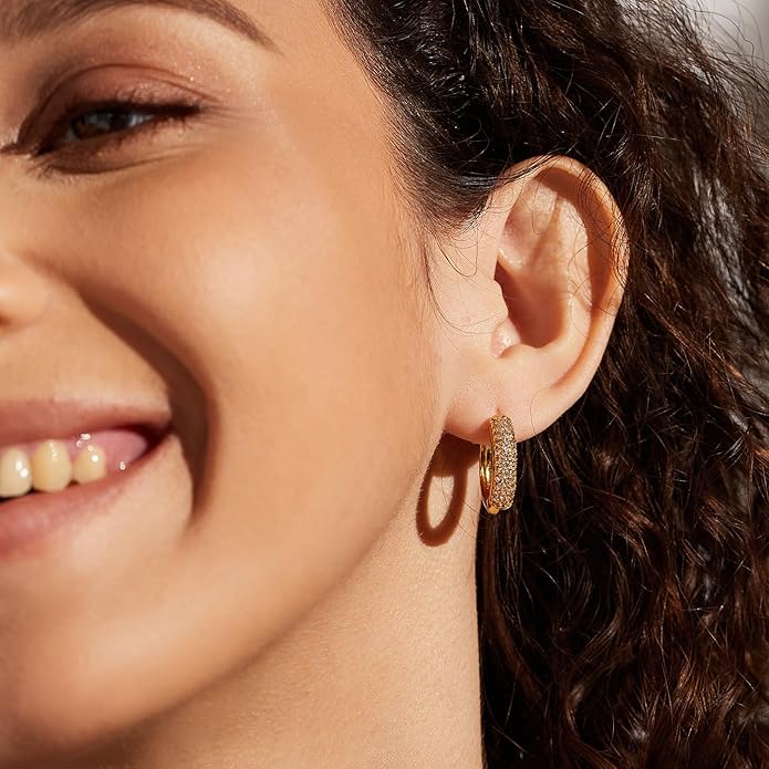 Gold Earrings for Women Girls,14K Gold Plated Hoop Earrings with 925 Sterling Silver Post Cubic Zirconia Stud Earring Huggie Hoops Earrings