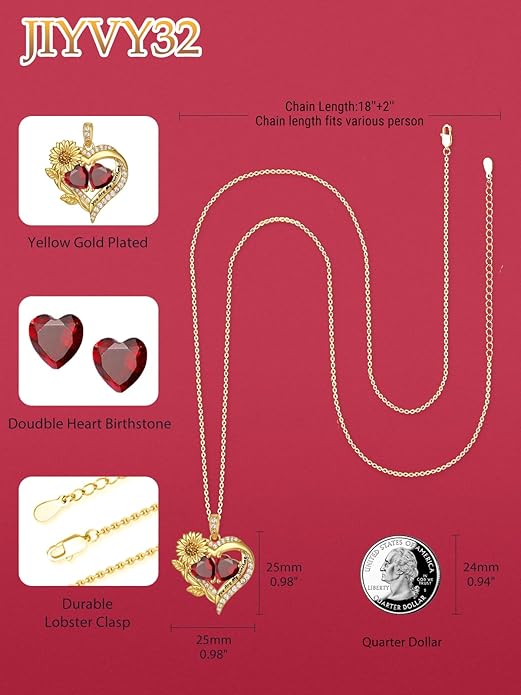 Sunflower Heart Necklace for Women 14K Gold Exquisite Valentines Day Anniversary Birthday Gifts for Wife Mother Her Double Birthstone Pendant Jewelry‘You Are My Sunshine’
