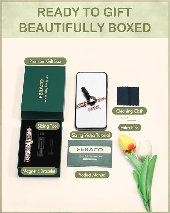 Feraco Pure Copper Bracelets for Women, 5X Ultra Strength Magnetic Bracelet with 5000 Gauss Neodymium Magnets & Upgraded Butterfly Clasp, Adjustable Jewelry Gift