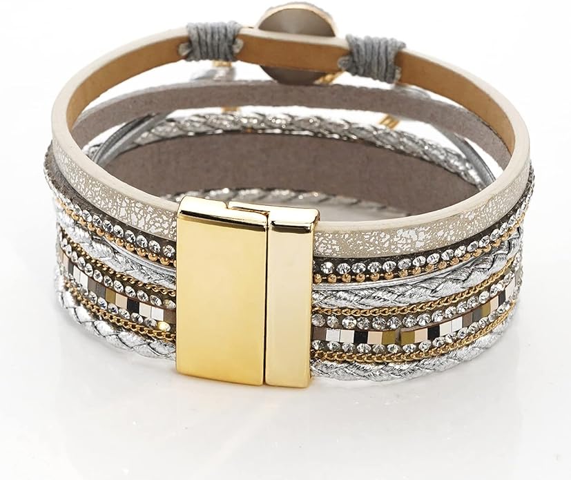 Suyi Multilayer Leather Wrap Bracelet Heart-Shape Wide Cuff Bracelets for Women