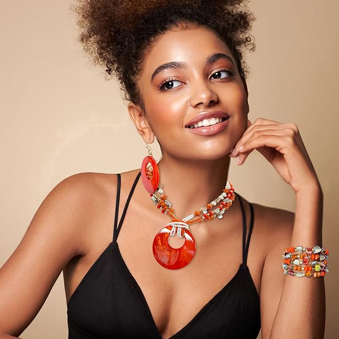 Jewelry Sets for Women 4 Pcs Chunky Beaded Mrs Roper Costume Jewelry for Women Boho Multi Strand Colorful Shell Necklace for Women