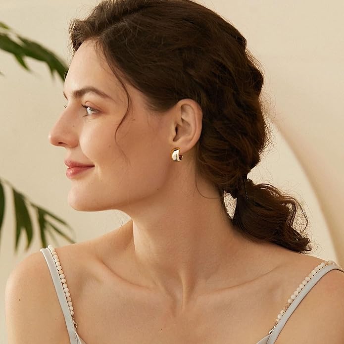 Gamicy Small 14K Gold Plated Hoop Earrings for Women with 925 Stering Silver Post, 14K Real Gold Plated Chunky Lightweight Hoops Earrings