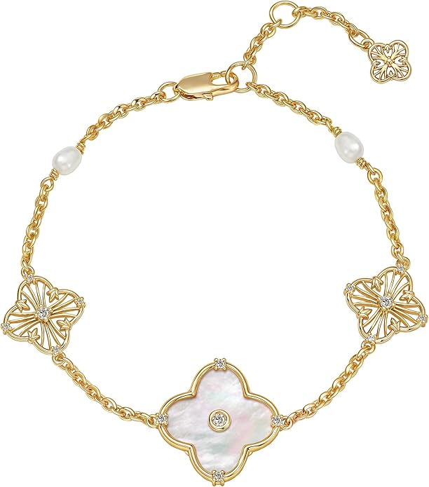 FETERO Gold Bracelets for Women Trendy, Dainty 14K Gold Plated Charm Clover Bracelet 2 Sided Lucky Pendant Cute Pearl Beaded Bracelets Link Chain Waterproof Womens Jewelry Gifts