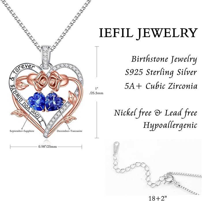 Iefil Valentines Gifts for Her Wife Women - Rose Heart Double Birthstone Necklace Gift for Wife Girlfriend Her Women, Birthstone Jewelry Gemstone Birthday Gifts for Mom Grandma Her