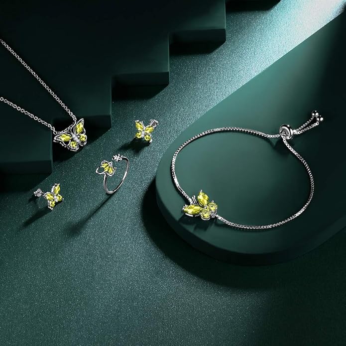925 Sterling Silver Birthstone Butterfly Jewelry Women Crystal Animal Cute Butterflies Birthday Necklace/Earring/Ring/Bracelet Sets Birth Stone Statement Anniversary Jewellery