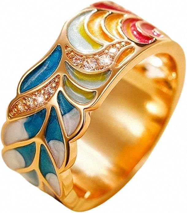 Women Tree of Life Lucky Flower Wide Band Ring Gold Pink Opal Green Enamel Resin Plated Dainty Tree Rhinestone Statement Thumb Index Full Finger Chunky Ring Party Crystal Vintage Jewelry